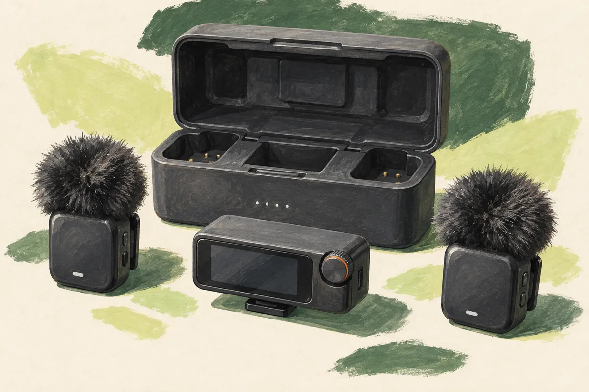 Ilustración de un conjunto de micrófonos inalámbricos DJI Mic 3