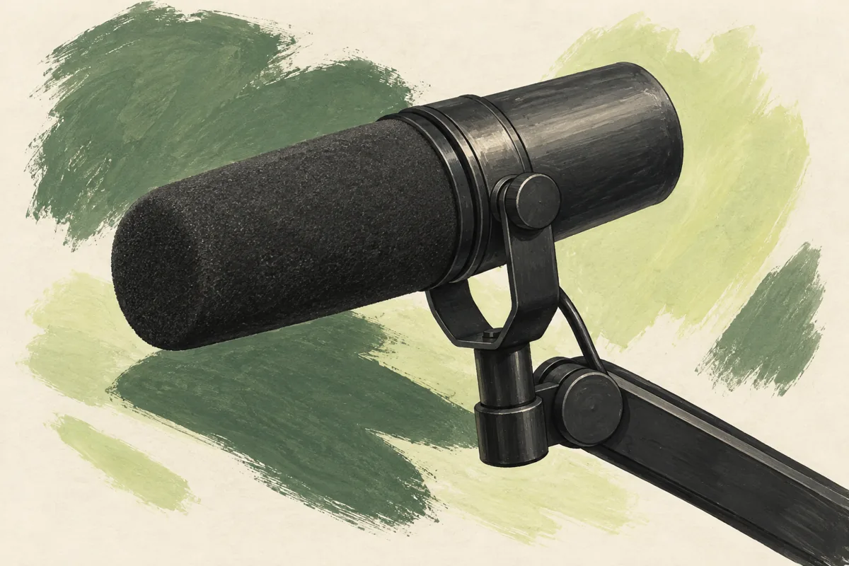 Ilustración del micrófono de estudio Shure SM7B en un brazo articulado